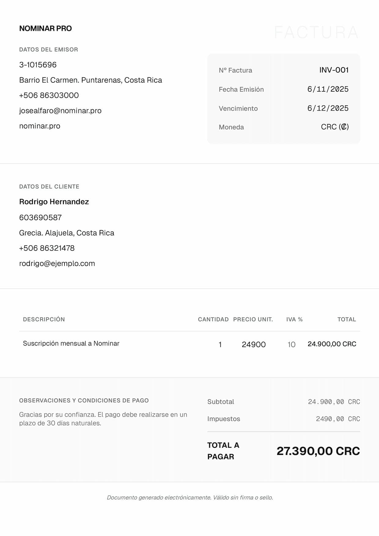 Ejemplo de factura con tema claro - Paper Kit